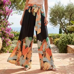A 358 Nancy Black Abstract Print Palazzo Pants Belted Wide Leg Modern Boho NWT L